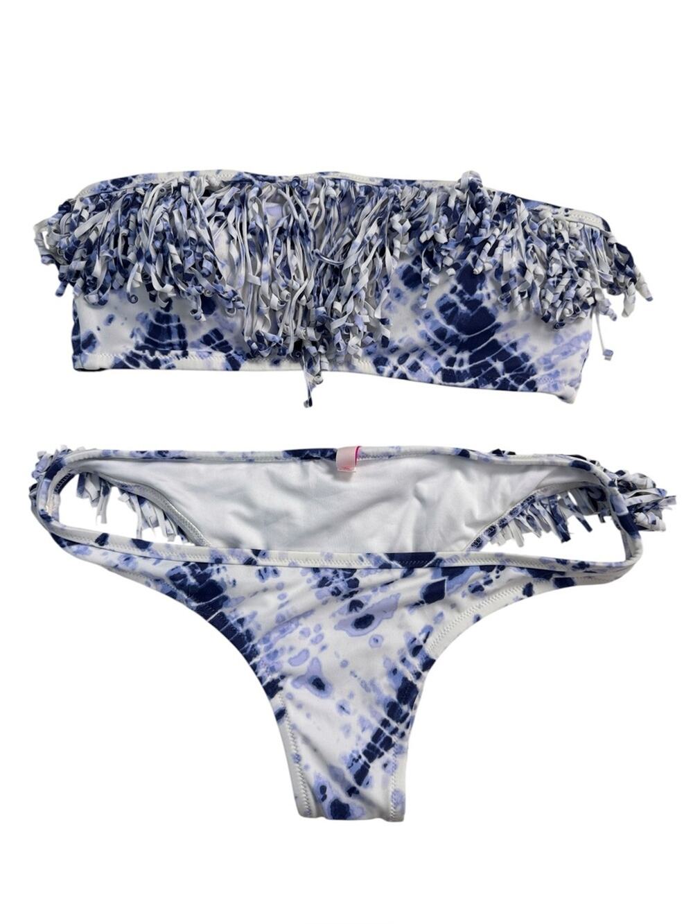 Victoria's Secret Fringed Tie-Dye Bandeau Bikini Set in White & Blue size Large